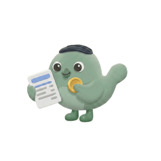The Invoicer, a sage green clay bird holding an invoice and a gold coin
