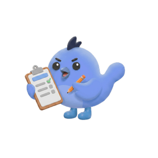 The Quoter, a periwinkle clay bird writing on a clipboard with a pencil