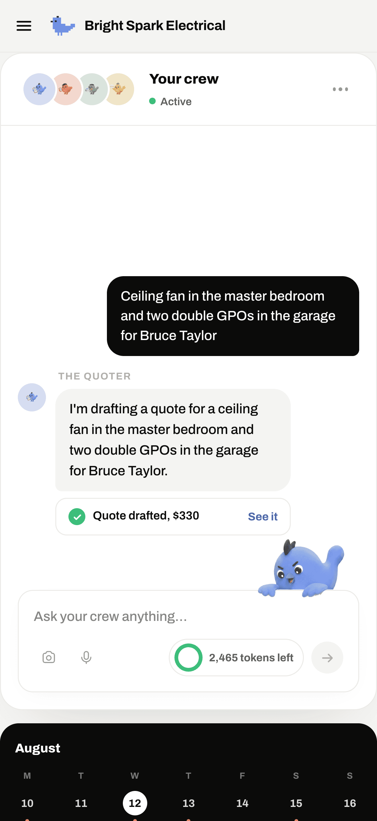 The Agentize app with a job described in the chat and the Quoter answering