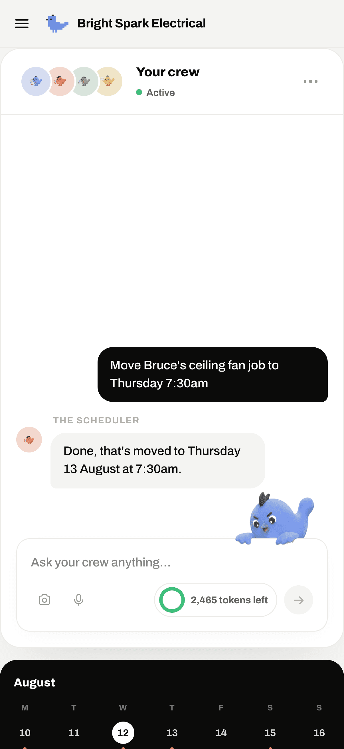 The app chat, with the Scheduler moving a booked job to Thursday morning