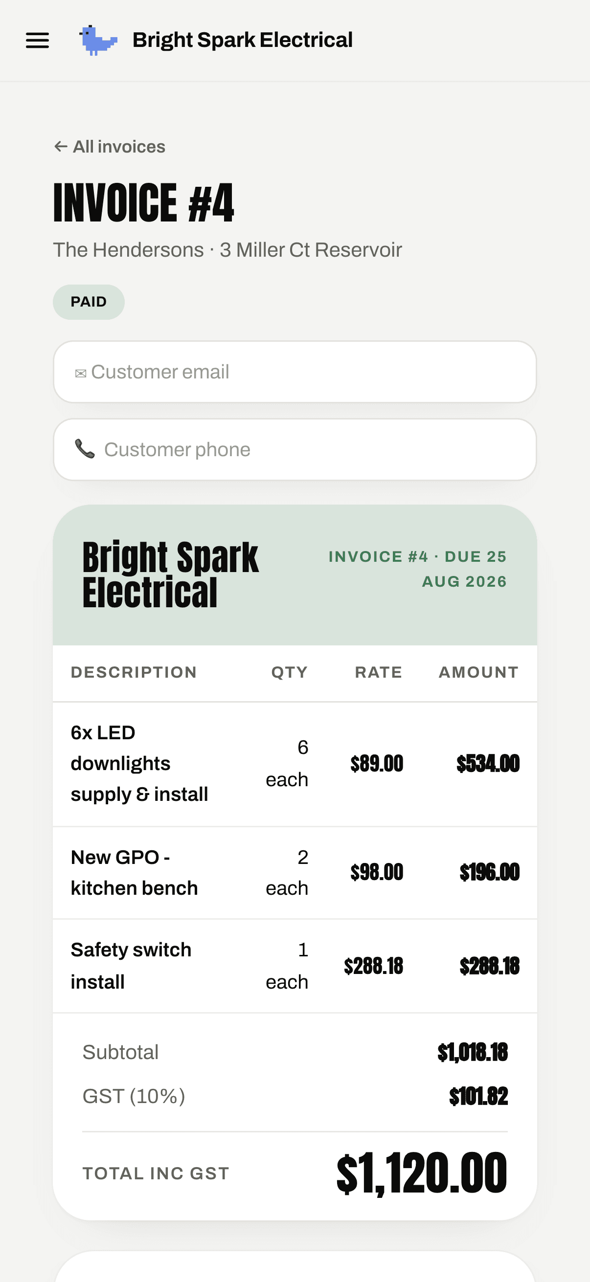An invoice in the app carrying the same lines and total as the quote