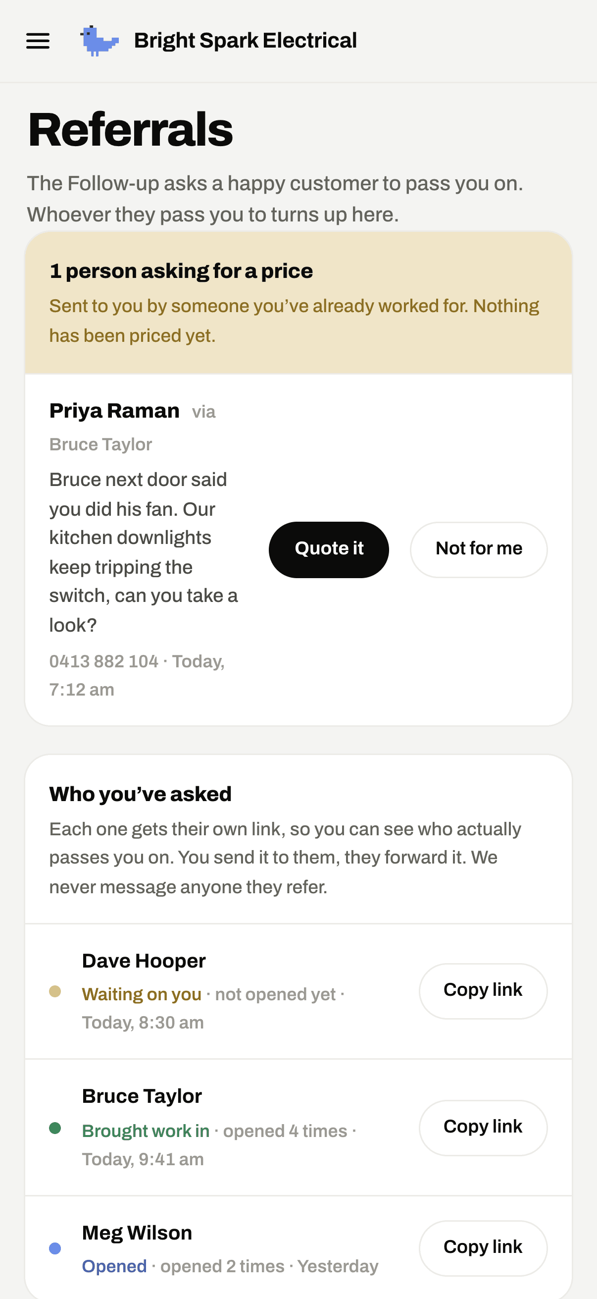 The referrals screen in the app, showing a stranger asking for a price and who passed the business on